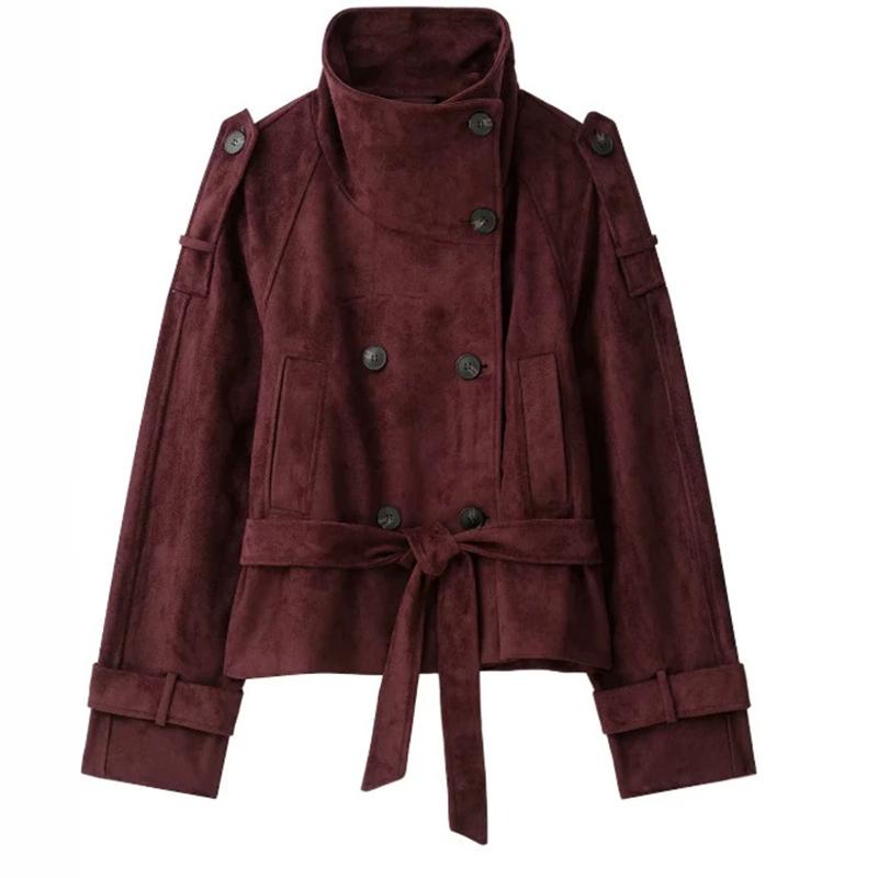Suede Women`s Outerwear Tie‑Waist Coat Stand‑Collar