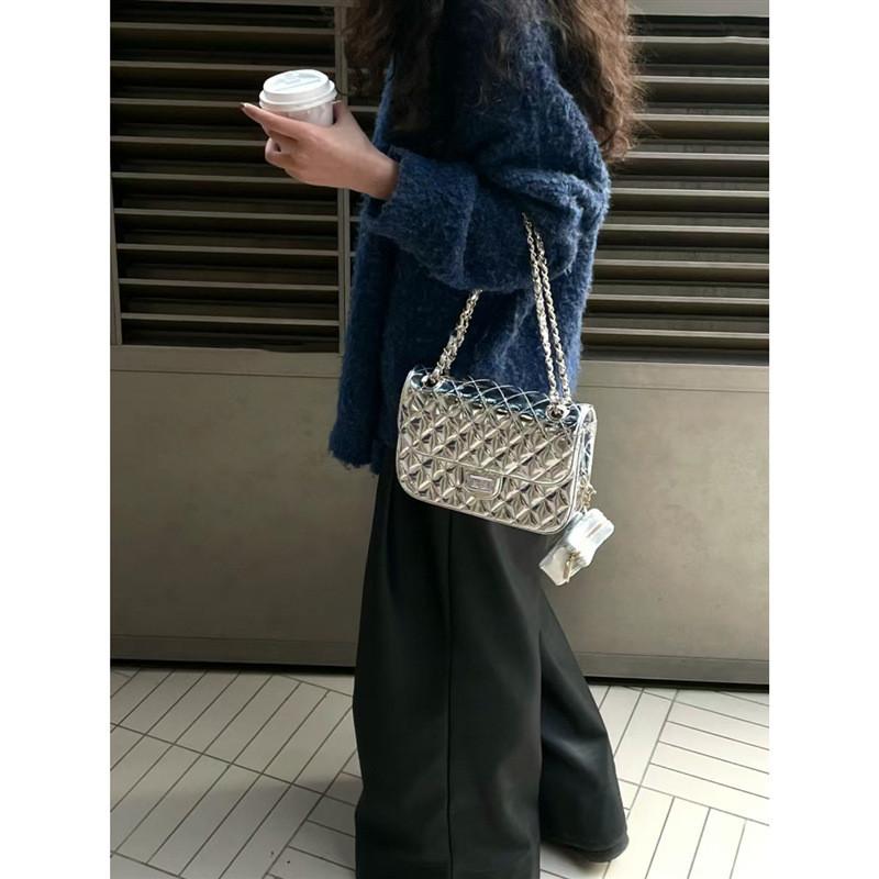 IELGY Women's Patent Leather Square Bag, Versatile Tofu Bag, High-end Silver Diamond Shoulder Chain Bag.