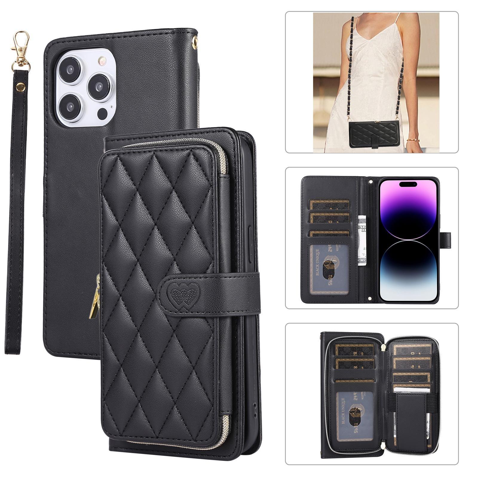 

Кожаный чехол через плечо на молнии с цепочкой и ремешком на 9 карт для iPhone 15 14 13 12 Pro Max XS Max 7P 8P/Samsung S23 S22 S21 Ultra Plus A14 A54 A13 A53 Samsung A71 4G чёрный