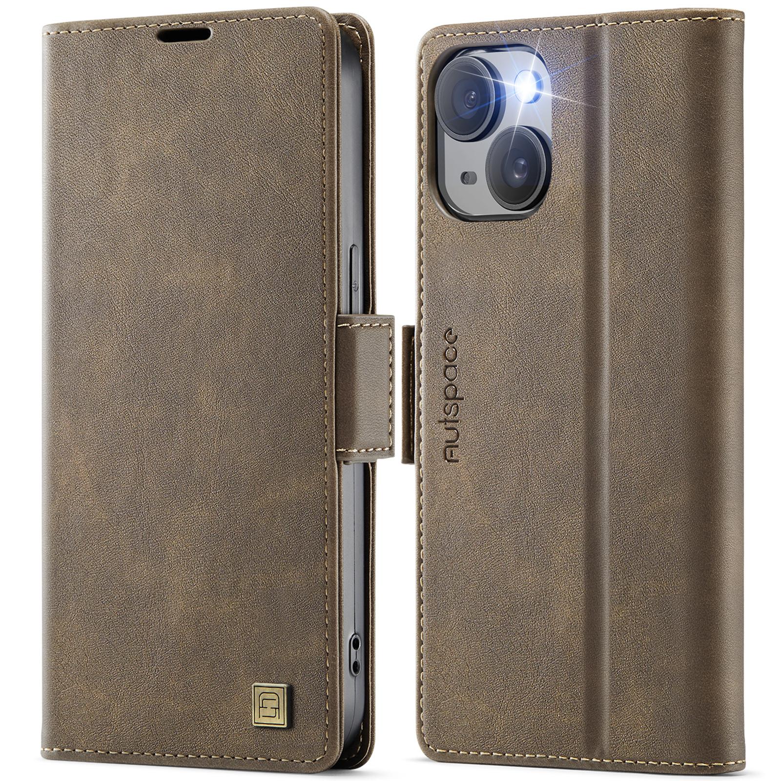 

For iPhone 13 6.1 inch Case AUTSPACE A11 RFID Blocking Retro Leather Cell Phone Wallet Cover Brown