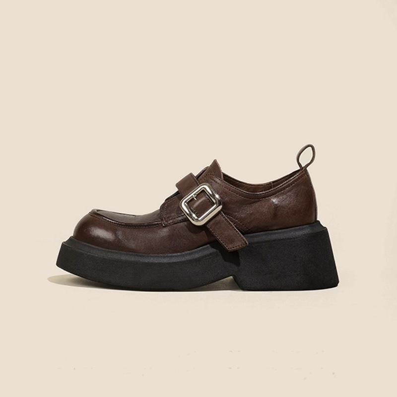 

Washed soft leather~ soft leather retro one-pedal platform small leather shoes women s autumn and winter British style thick heel loafers single shoes 35