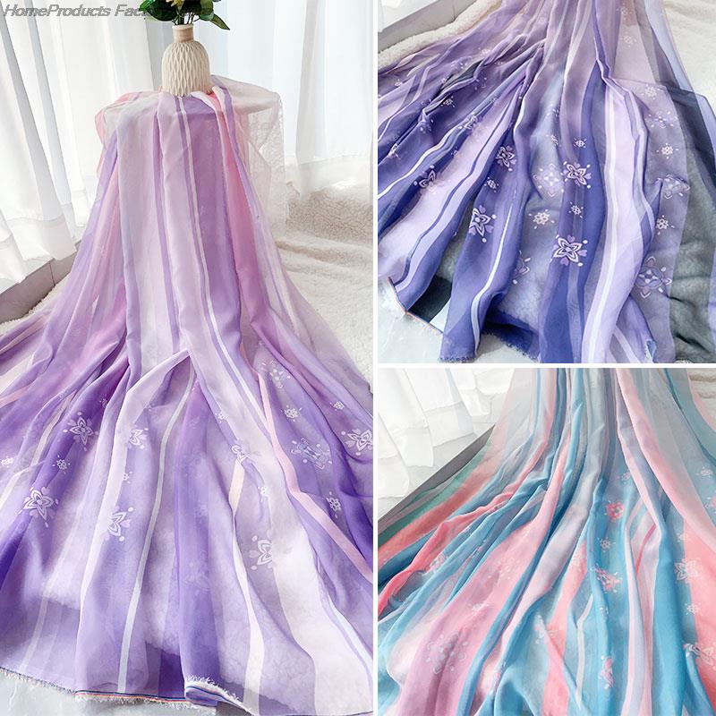 1M Ancient Style Rainbow Printed Chiffon Fabric 30D Organza Tulle Fabric For Diy Hanfu Pleated Tulle Skirts Wedding Dress Decor