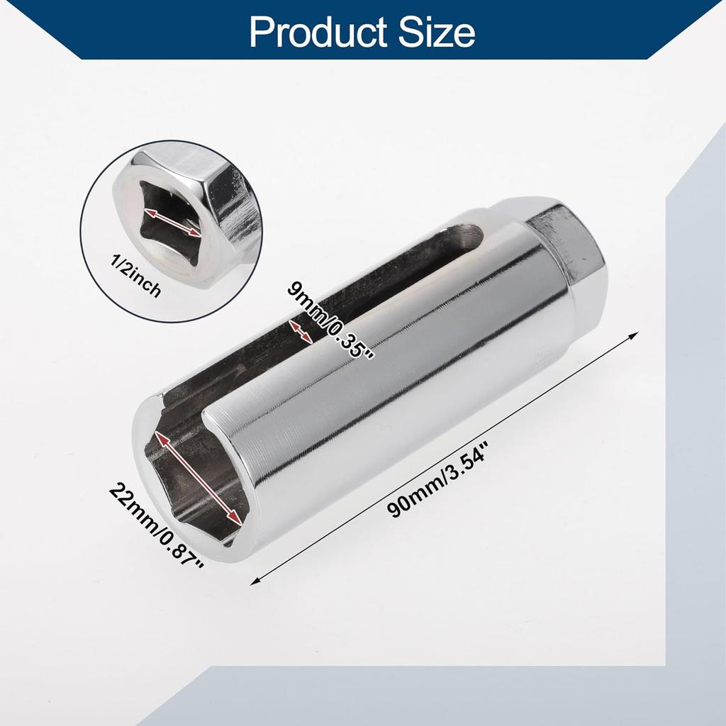 Oxygen Sensor Socket O2 Sensor Removal Tool with Side Wire Cutout Chrome Vanadium Steel 90mm 1 Pcs Silver Tone 6 Point 22mm/0.87" 1/2inch
