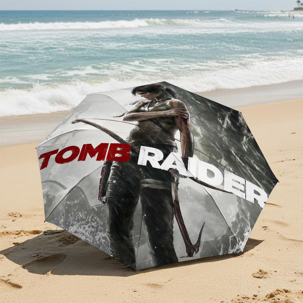 1 Pezzo Ombrello Pieghevole Automatico - Modello Tomb Raider, Design Portatile e Pieghevole con 8 Stecche, Regali di Natale e Compleanno
