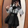 Women Lolita Set Dark Femme Mesh Top & Waist Cinching Skirt Autumn Japanese Street Style Coord for Gothic Baddie Fashion Two-piece Set
