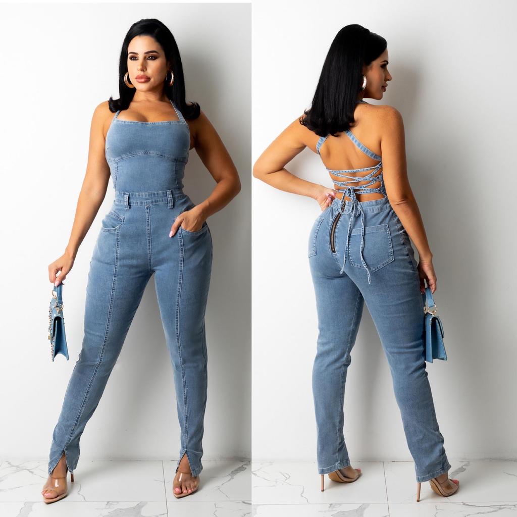European American Casual Slim Backless Bandage Denim Jumpsuit