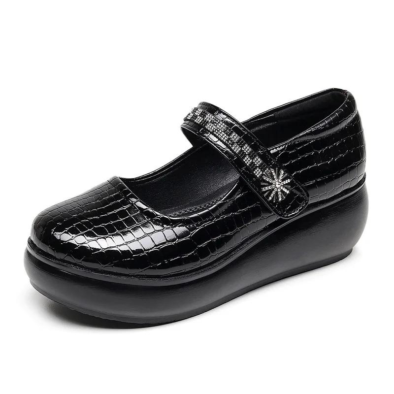 6cm Small Size 32-43 Comfortable Breathable Shallow Soft Leather Mary Janes Mid Heels 2025 Spring Platform Wedges Shoes Mom Work
