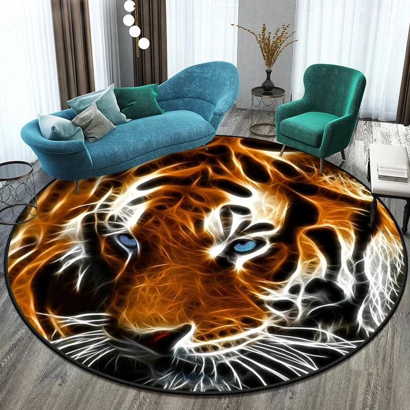 Cute Tiger Round Rug Wild Animal Carpet Non-slip Floor Mat for Living Room Bedroom Playroom Bathroom Decor Soft Circle Doormat