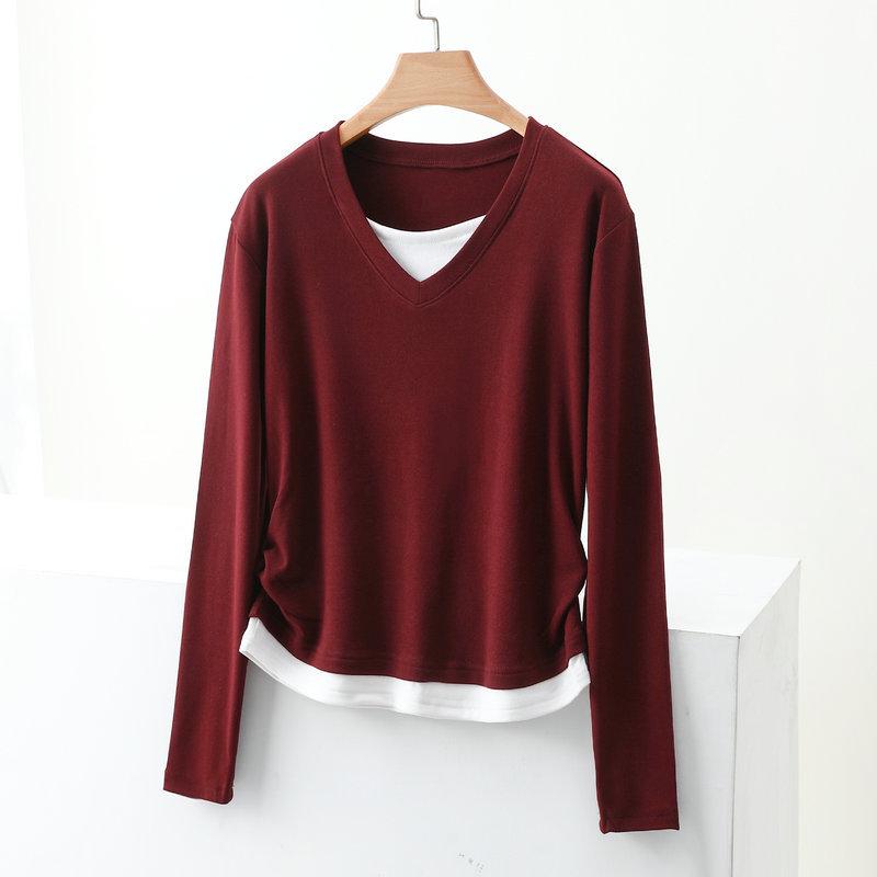 

Женская рубашка большого размера с цветными блоками, V-образным вырезом и длинными рукавами, многослойная - Коллекция Осень 2024 XL