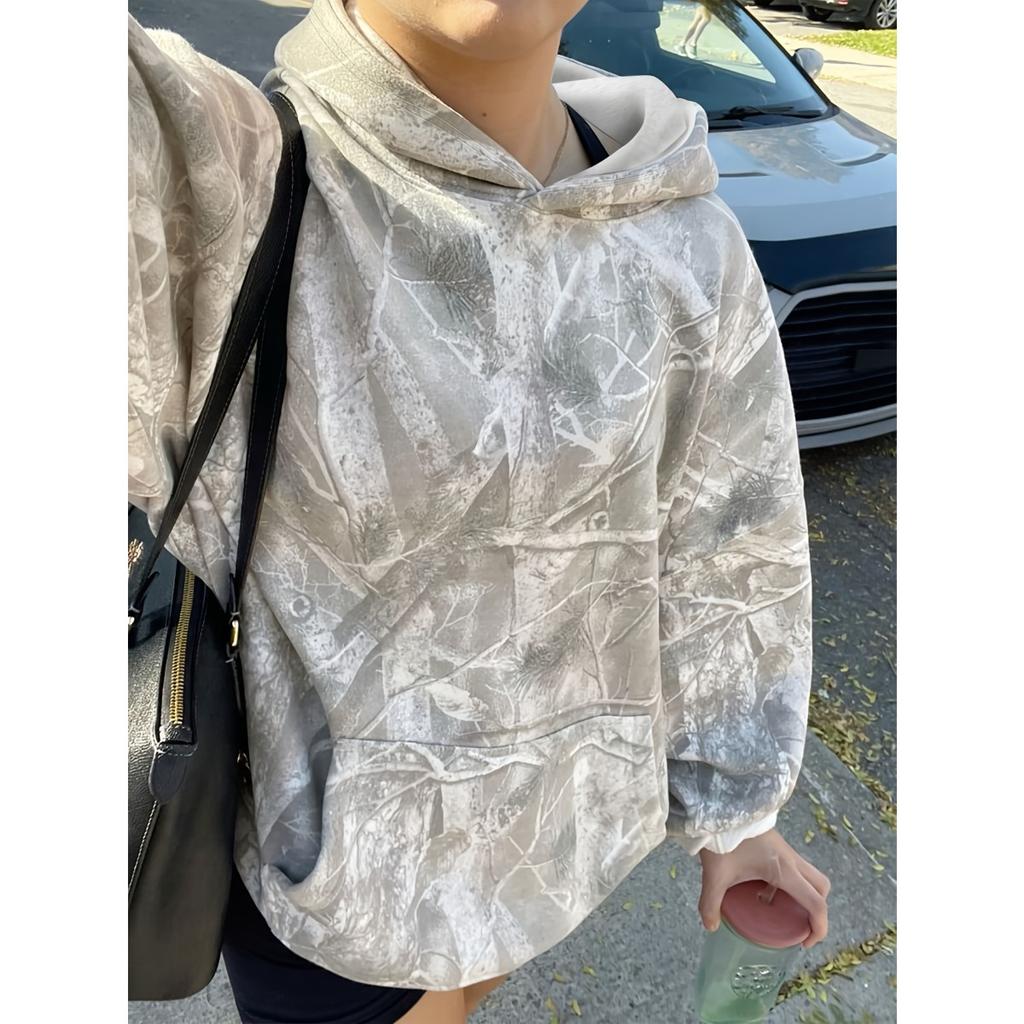 Women's Hood Neck Long Sleeve Hoodie Oversized Fit Streetwear Tree Leaf Print Sweatshirt Casual Pullover Top