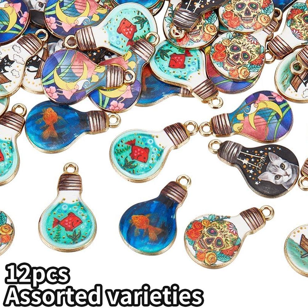 4/8/12pcs alloy enamel pendant light bulb pendant, cute cat fish moon pendant metal pendant jewelry beads DIY craft accessories