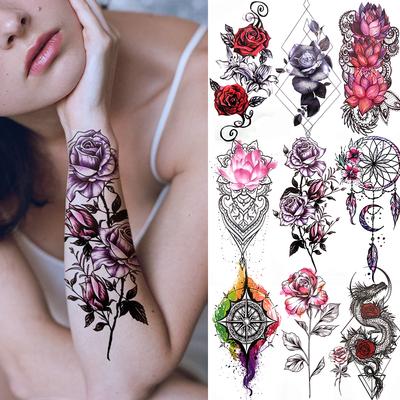 Tatuaje Temporal de Flor de Peonía Realista Para Mujeres Tatuaje de Brújula Loto Rosa Atrapasueños Pegatina de Tatuaje Dragón Negro Tatuaje Falso de Encaje