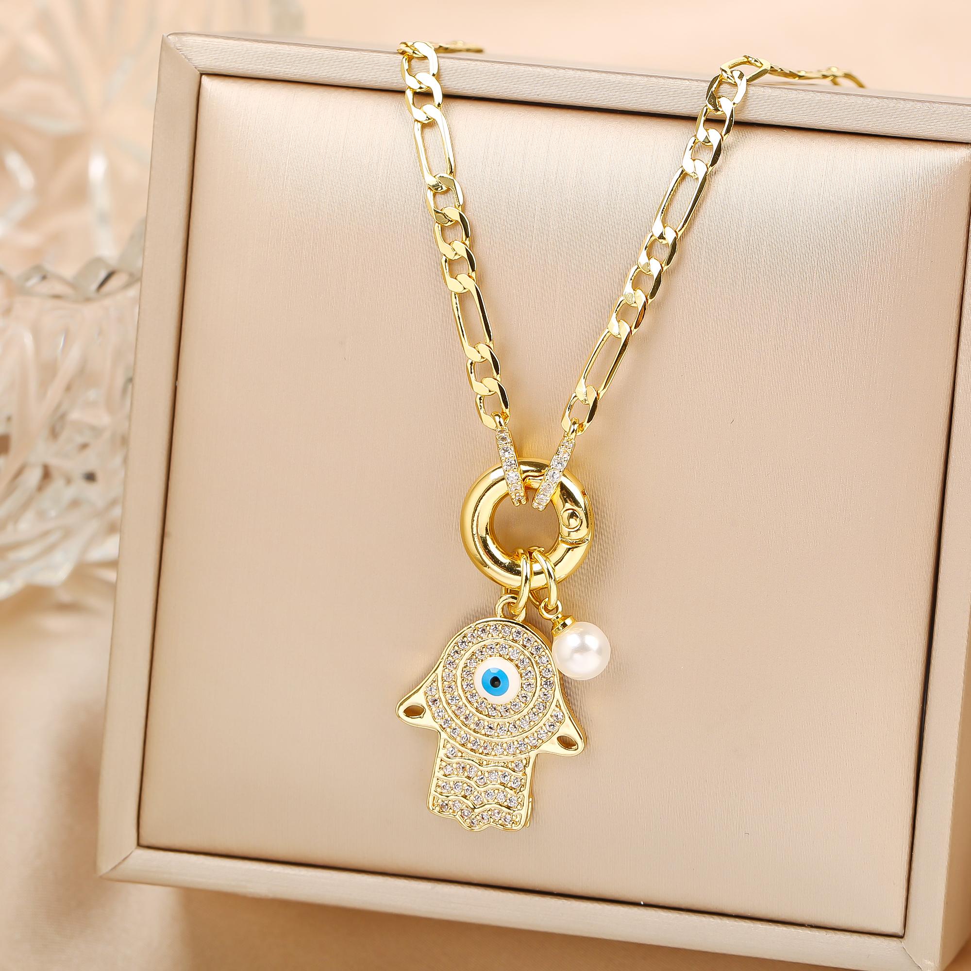 

Punk Style Full Zirconiac Evil Eye Palm Pearl Pendant Necklace Luxury For Man Woman Daily Wear Clavicle Chain Zircon Party Gift