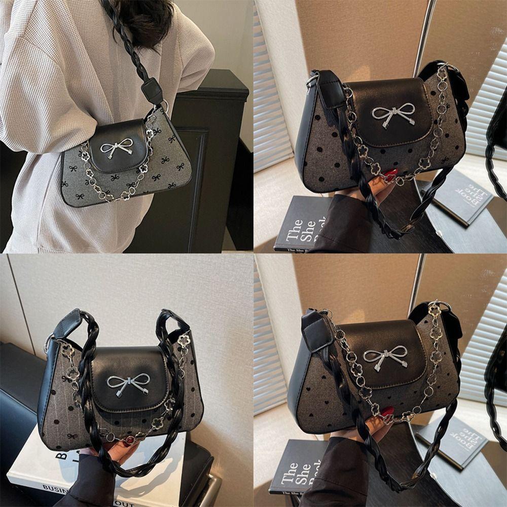 Trendy Retro Women Tote Bag Bow Design Polka Dot Stripe Pattern Crossbody Bag Large Capacity Shoulder Bag