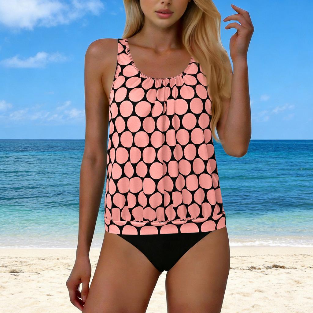 Women's Fashion Sexy Polka Dot Print Round Neck Sleeveless Top  Shorts Split Set Swimsuit