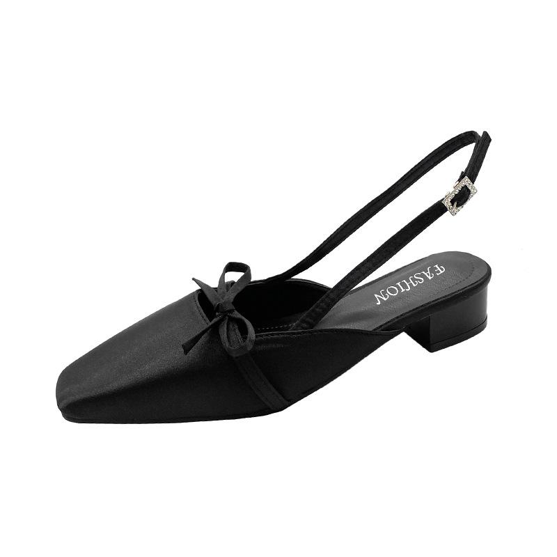 

French beautiful bag head sandals women s spring and summer temperament elegant bow silk square head empty single shoes women 40 чёрный