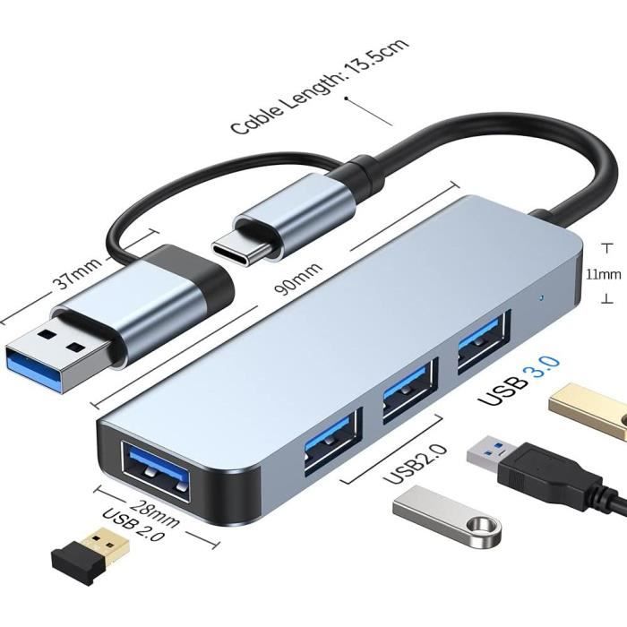 Hub Adaptateur USB-C 4 en 1 - BOOLING - Aluminium - 1 USB 3.0 - 3 USB 2.0 - Compatible HP-Dell-Lenovo-Acer