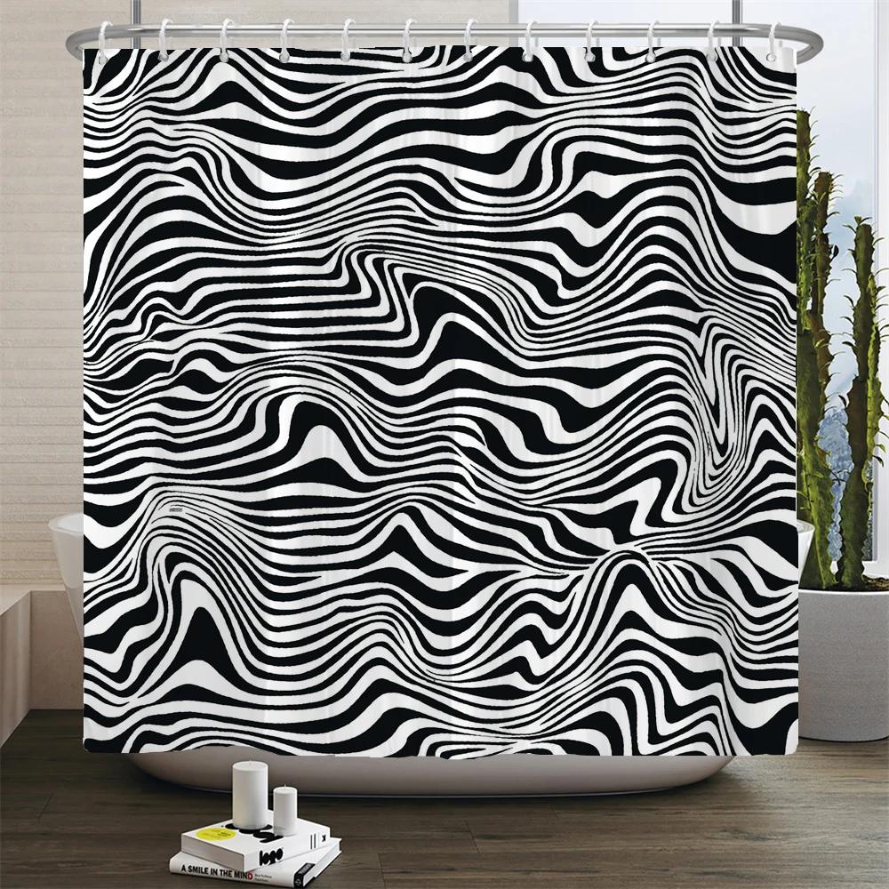 Black and White Geometric Pattern Shower Curtain Bathroom Waterproof Polyester Fabric Bath Screen Curtain Decor for Bathtub