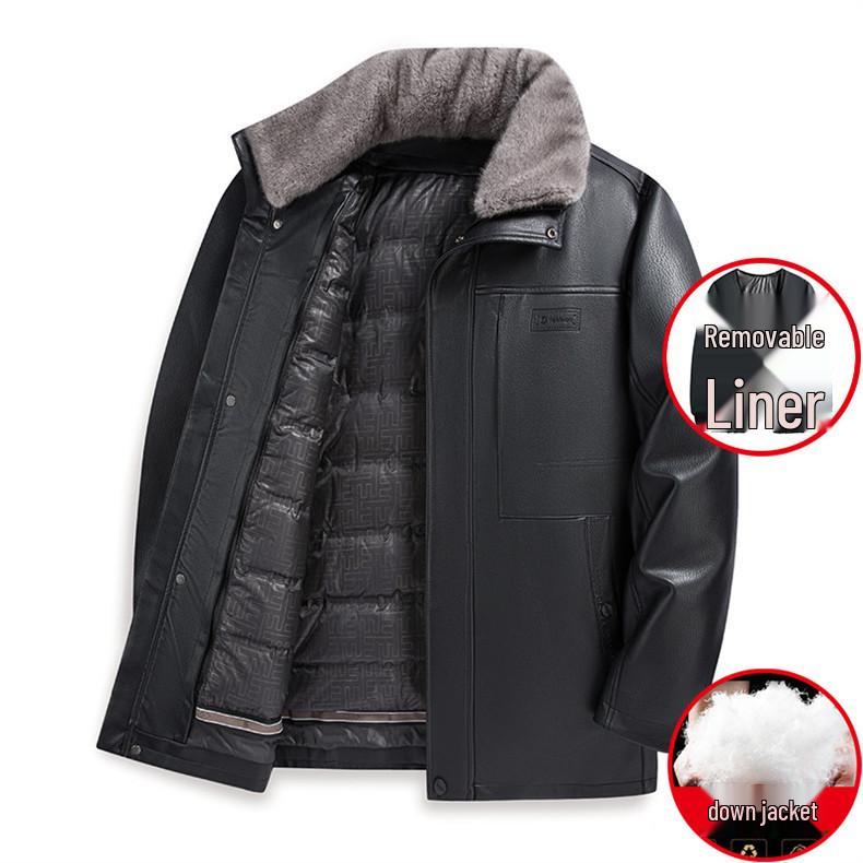 

Winter 2025 Men s Fur Collar Leather Jacket with Detachable Liner - Casual Solid Color for Middle-Aged Dad XL [60-70 kg] чорний