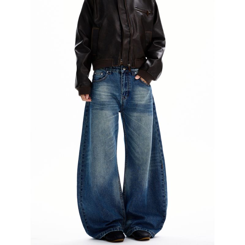 Kisko American Retro Washed Whiskered Scimitar Jeans Unisex Trendy Brand Cleanfit Loose Straight Pants