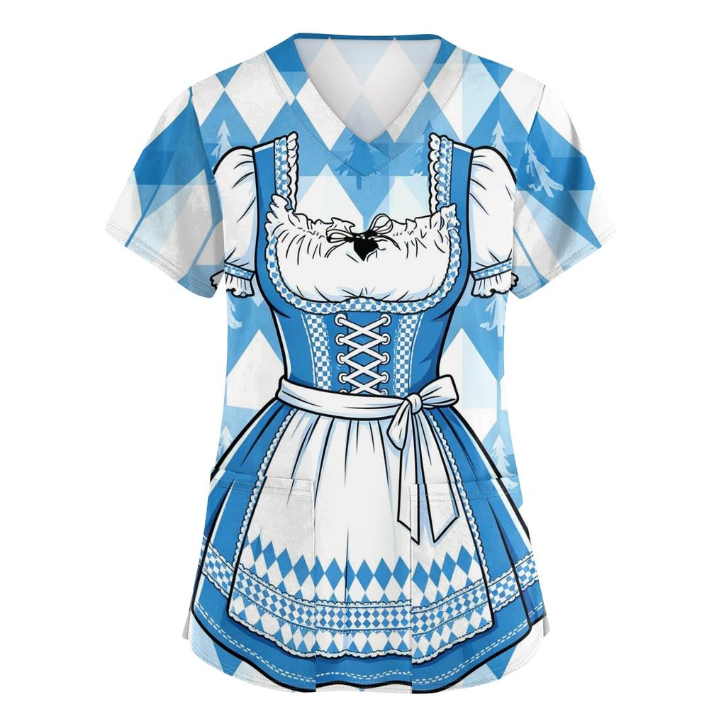 Women's V Neck Short Sleeve Work Shirt with Pockets Oktoberfest Print Medical Uniform Top Nurse Scrub Tee for Healthcare Professionals