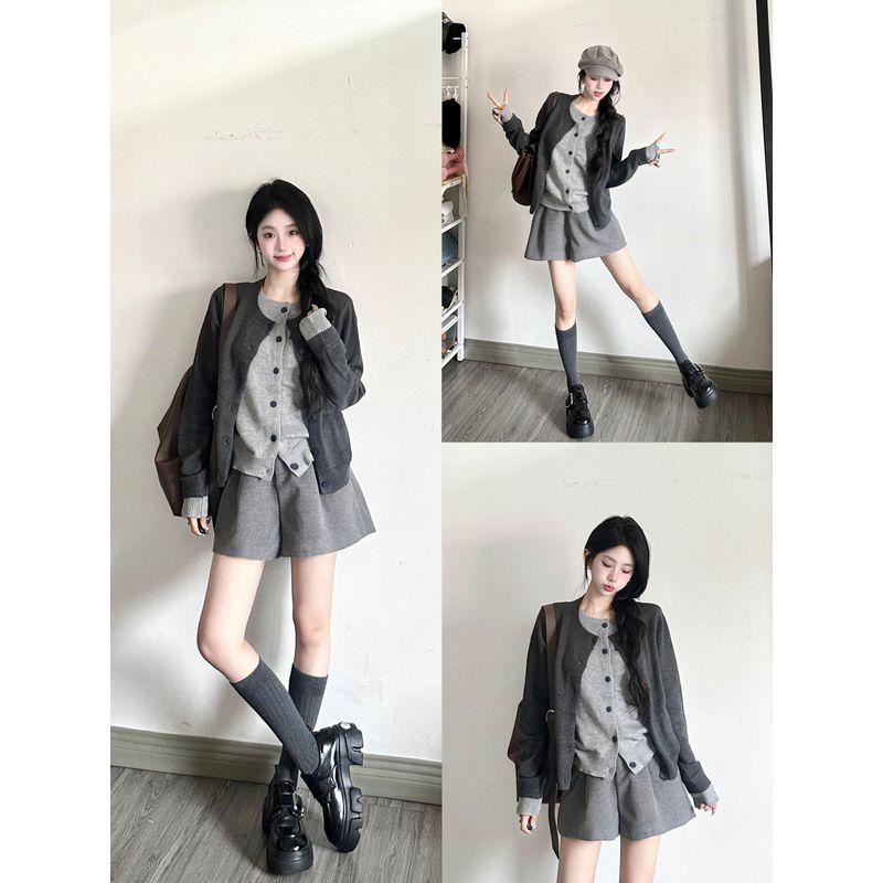 

Серый вязаный кардиган свитер верхняя одежда круглый вырез ложный двойка Dark gray + light gray XL