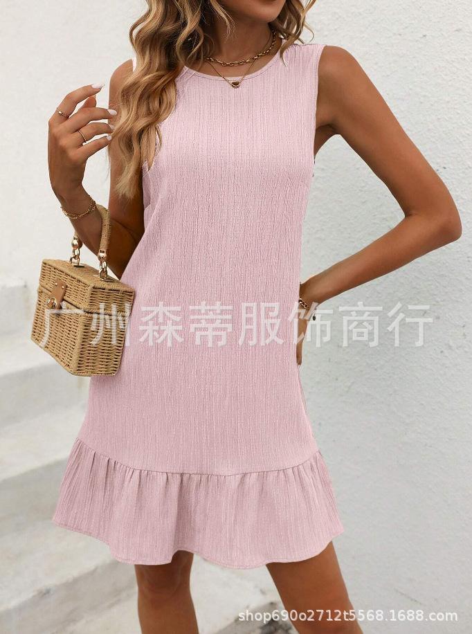 Summer new European and American sleeveless ruffle A-shaped dress casual fresh solid color vest skirt
