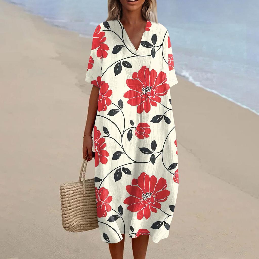 Women's Loose Casual Fashion V-Neck Printed Dress Beach Skirt