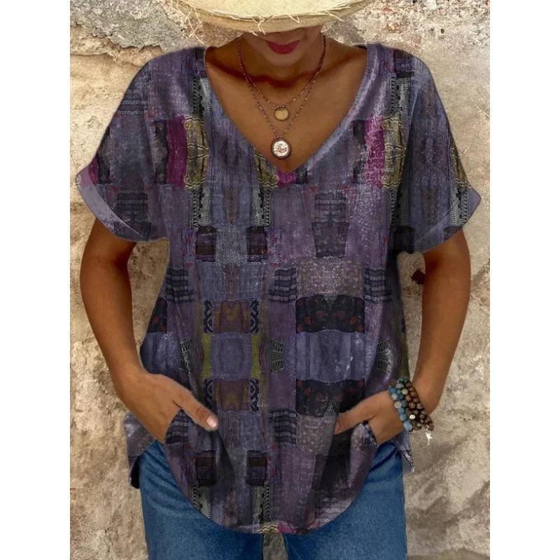 

Летний топ с V-образным вырезом и 3D-принтом в стиле ретро, модные повседневные женские футболки с короткими рукавами XS