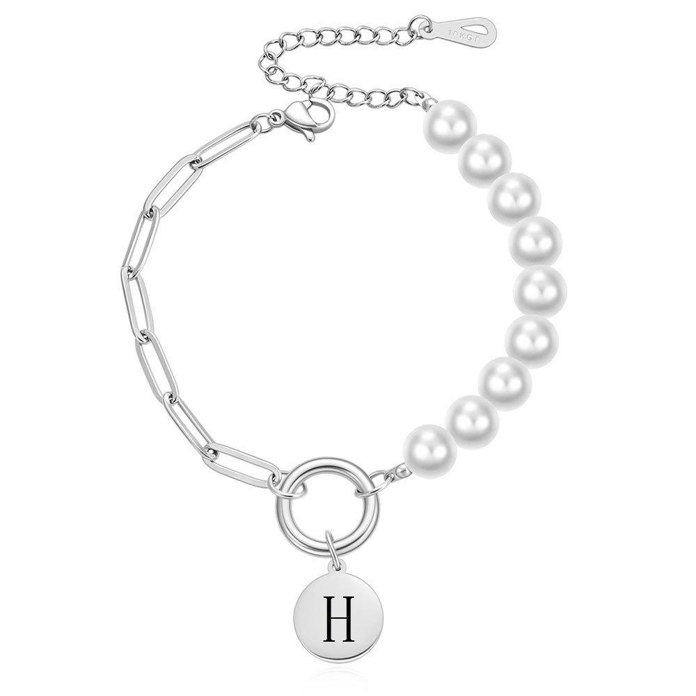 Stainless Steel Imitation Pearl O-shaped Bracelet with 26 Letters in Simple Titanium Design