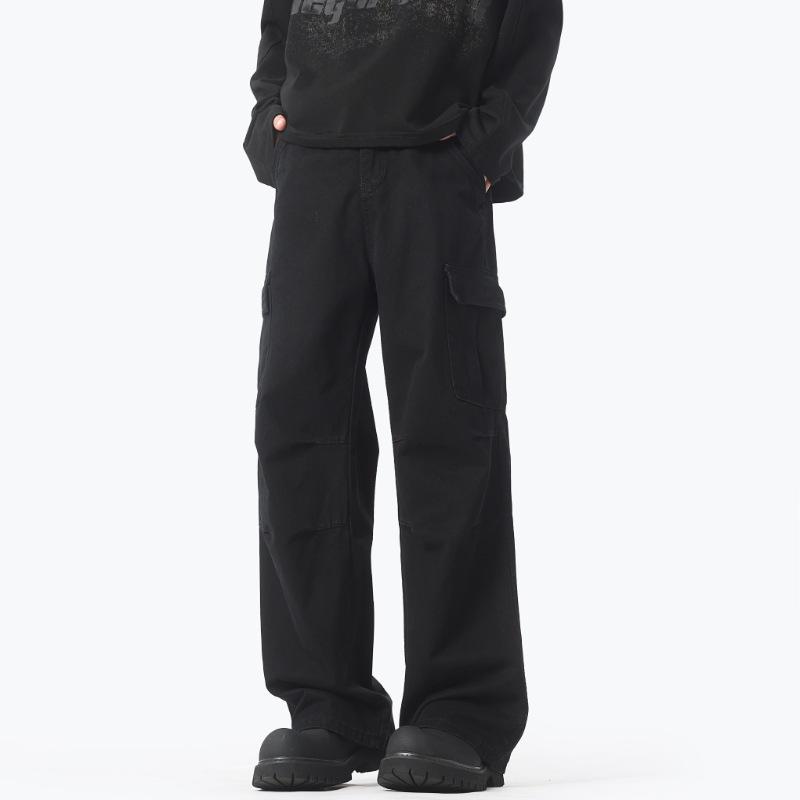 American retro washed and old overalls men's spring and autumn tide niche loose straight wide-leg pants pocket paratrooper pants