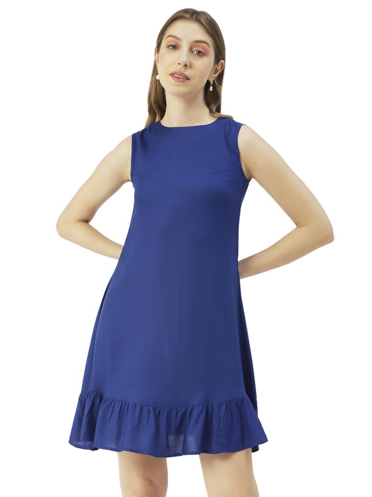 Moomaya Women  S Printed Short Dress, Sleeveless Frilled Hem Round Neck Mini