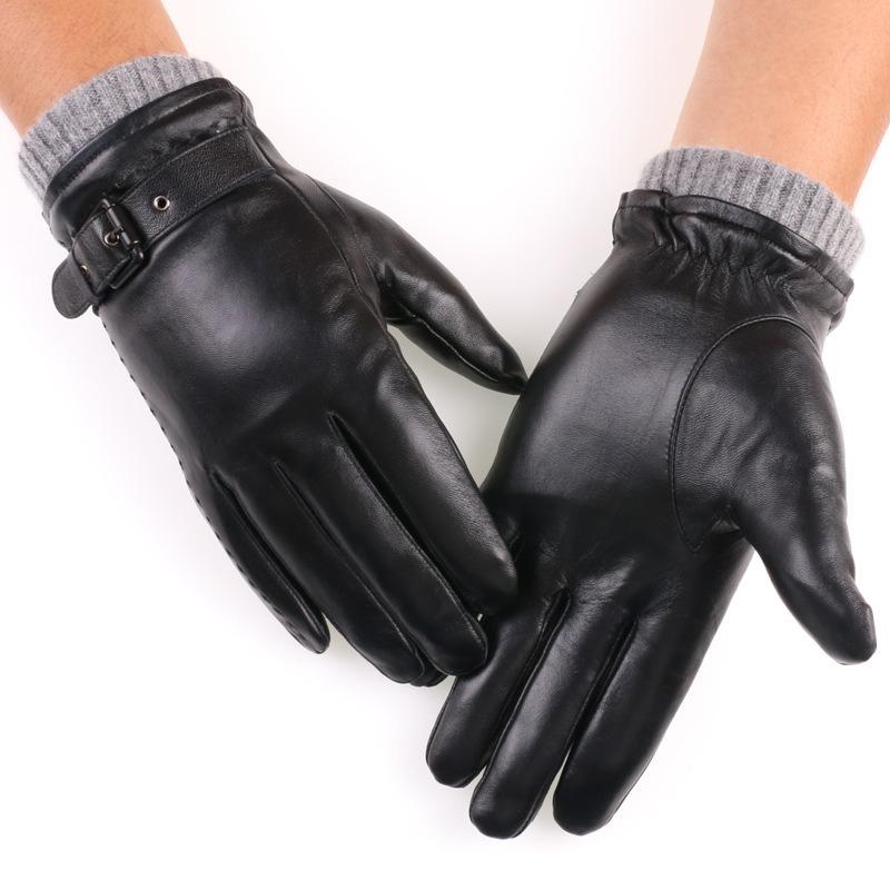 New Autumn and Winter Men's Leather Gloves, Velvet Thickened Cold-proof and Warm Cycling Sheepskin Touch-screen Gloves, Winter