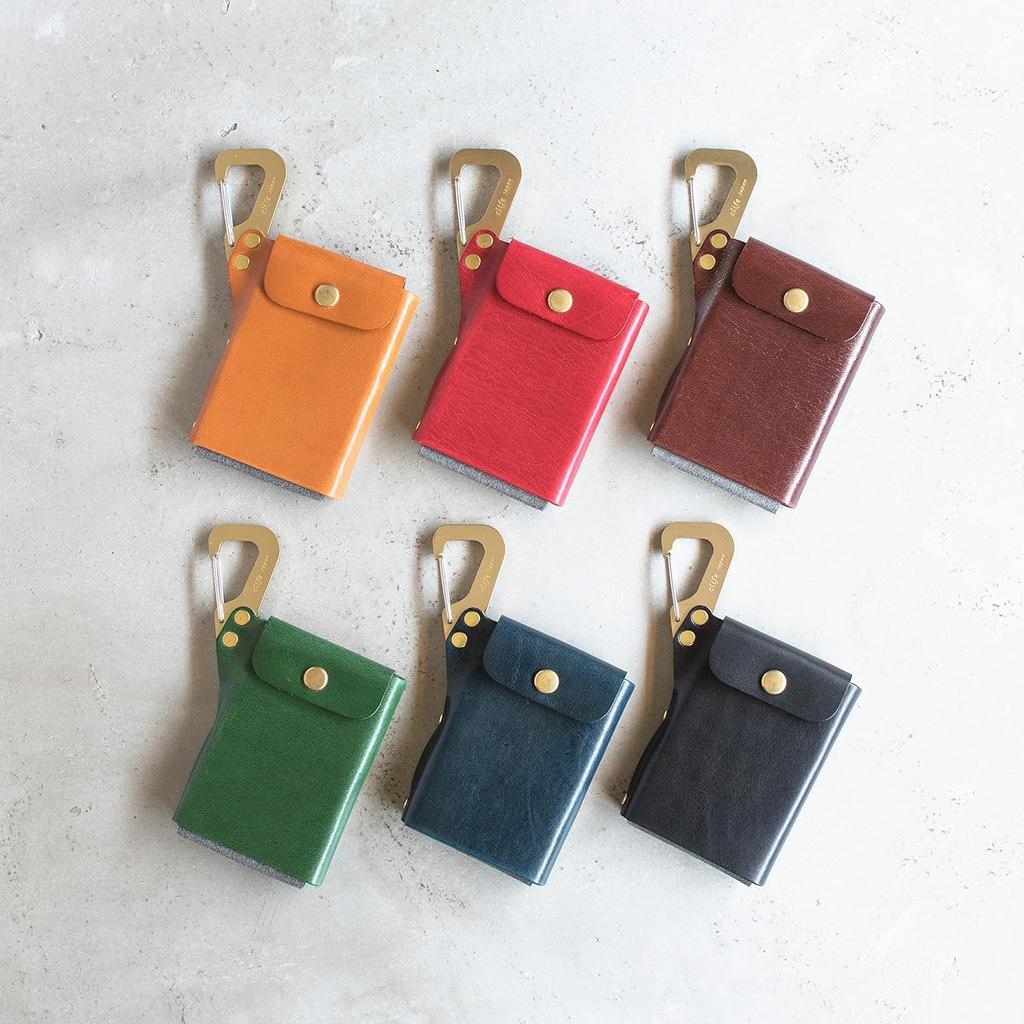 Cliff Men's Card Case with Carabiner, Made In Japan, Leather and Brass (Navy)