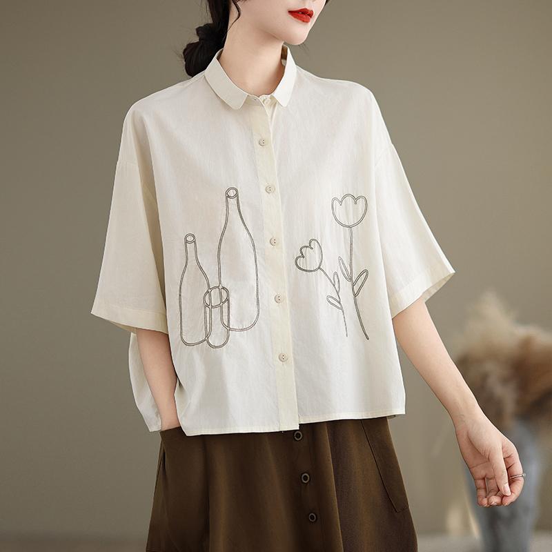 DIMANAF 2026 Women Plus Size New Summer Blouse Shirt Short Sleeve Embroidery Casual Loose Lady Tops Shirts Cotton