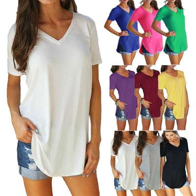 Camiseta Casual Solta de Manga Curta com Decote V de Tamanho Grande para Mulheres
