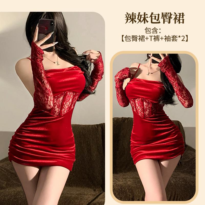 Sex Underwear Red Velvet Rose * Sexy Lace Splicing Hip Wrap Empty Suspender Skirt Plus Size
