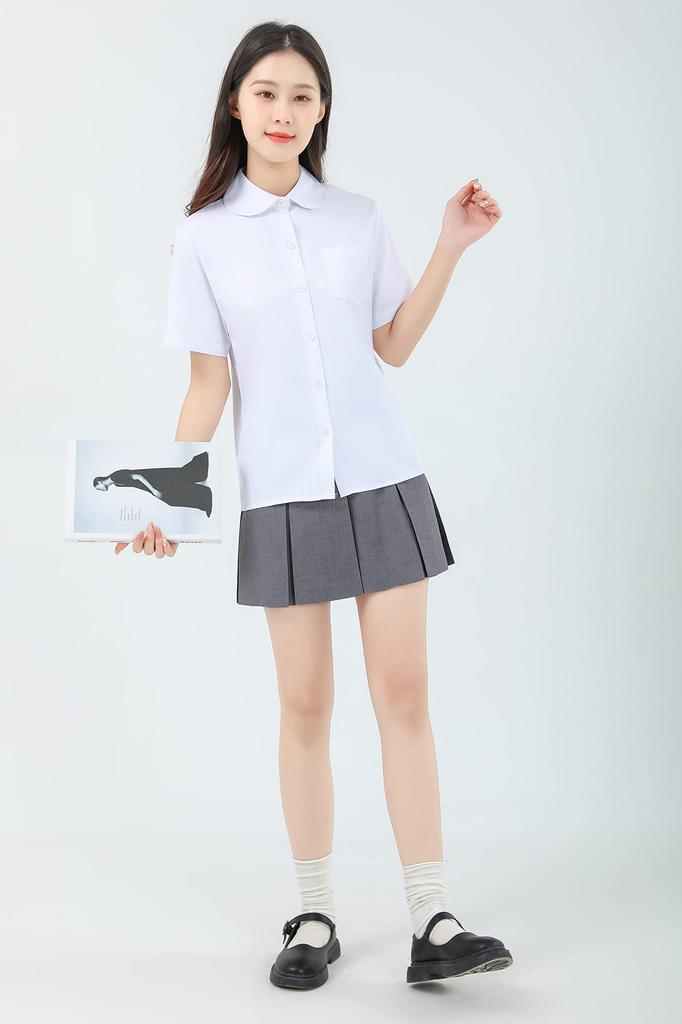 Cămașă Școlară Scurtă Rotundă cu Buzunar [Sharphon] Cămașă de Fete, Mânecă, Guler, Simplă, Bumbac, Top,