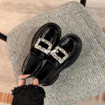 Shoes Round Head Rhinestone Square Buckle Thick Sole Thick Heel Loafer Single Shoes Women's Small Leather Shoes Autumn