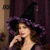 Black Witch Hat Halloween for Women, Velvet Wizard with Ruffle High-quality Brim And Bow Party, Masquerade, Cosplay Costume Accessory Bendable