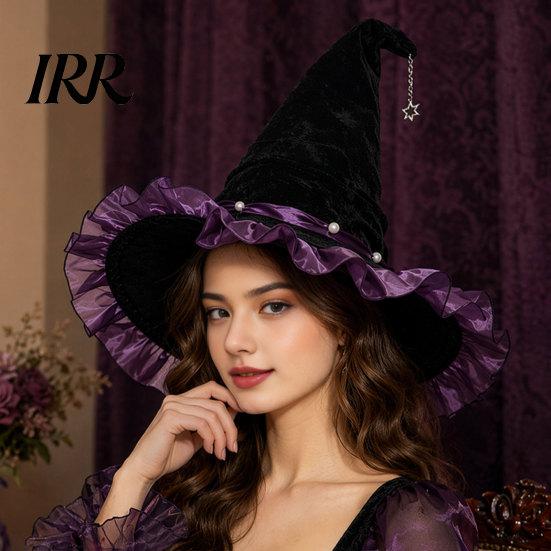 Black Witch Hat Halloween for Women, Velvet Wizard with Ruffle High-quality Brim And Bow Party, Masquerade, Cosplay Costume Accessory Bendable