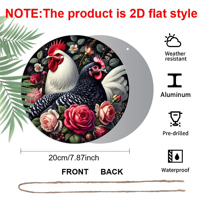 

2D Flat 1pc, 8x8 in, Round Chicken Wreath Aluminum Metal Decorative Signs & Plaques - Vintage Farmhouse Wall Decor with Colorful Rooster & Floral 1pc