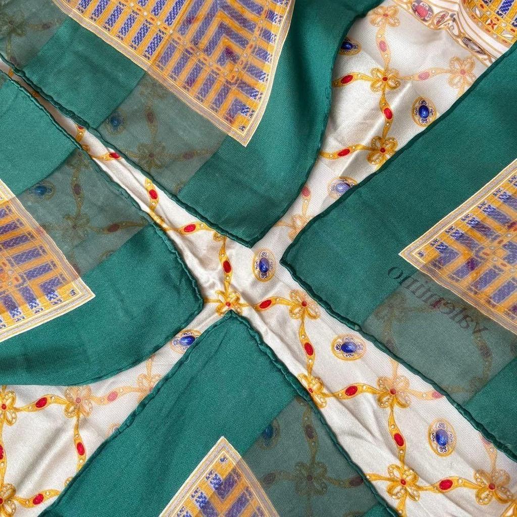 Used Valentino Large Scarf, Jewel Print, Classical Design, Green Tones