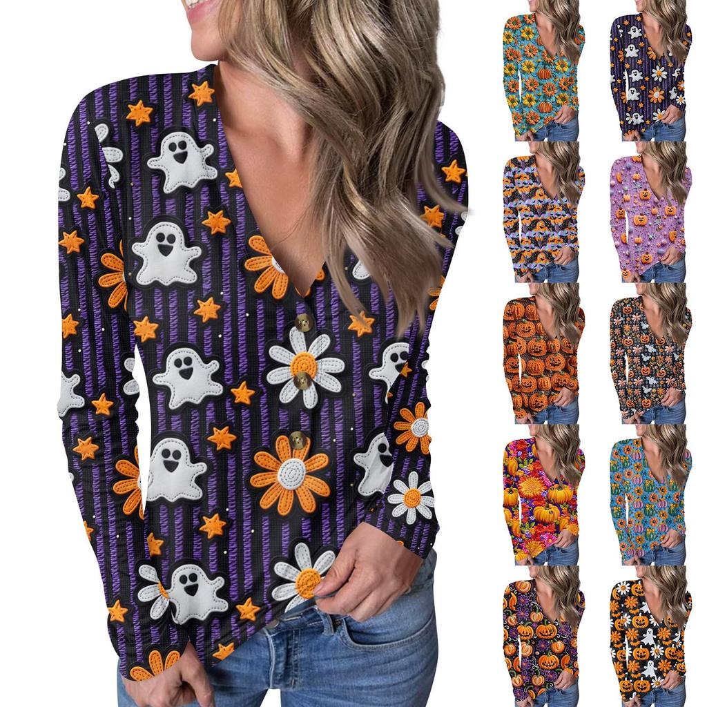 Lässiger Pullover mit V-Ausschnitt und Halloween-Print für Damen