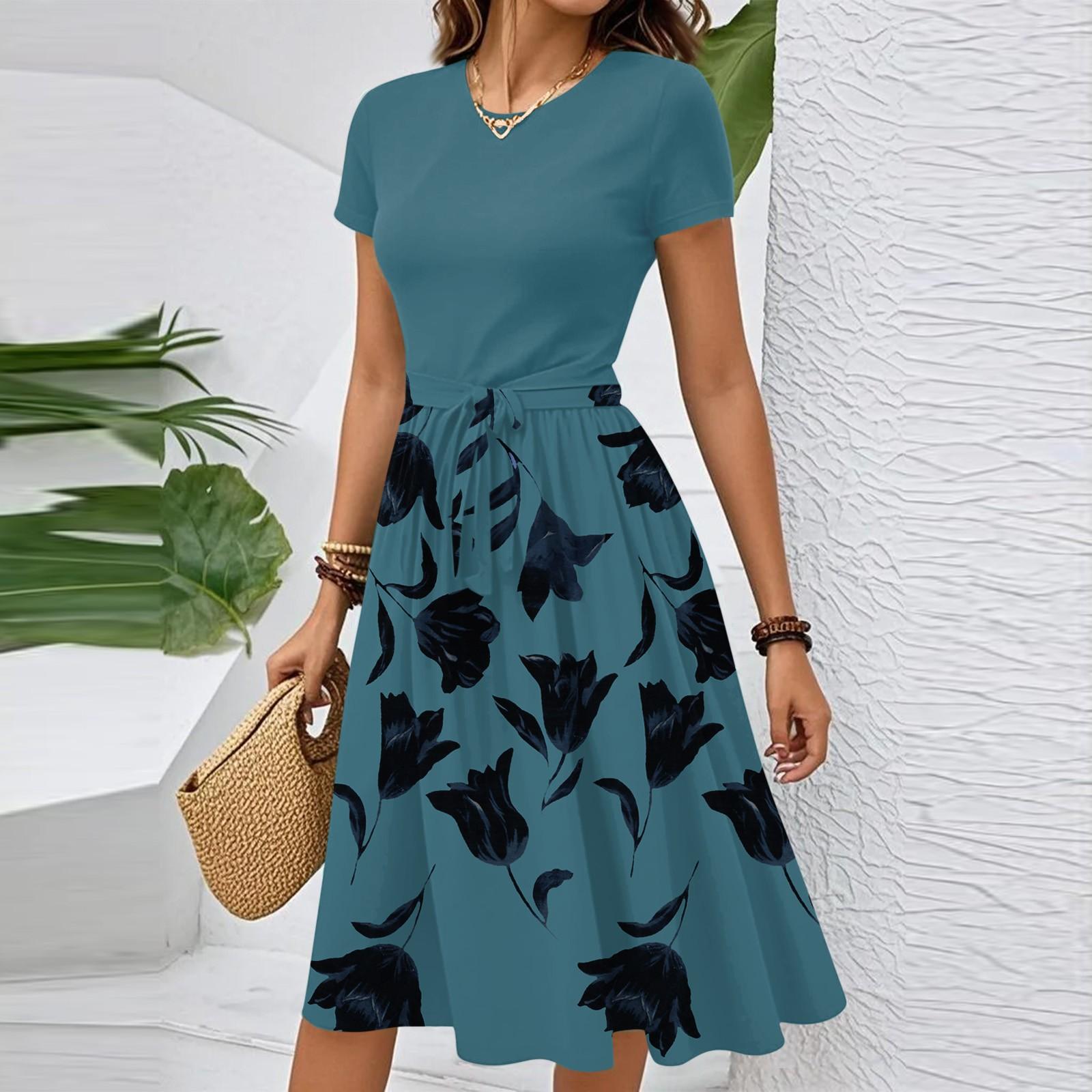 

Жіноча повсякденна мода з поясом, квітковим принтом, короткими рукавами та круглим вирізом, елегантна сукня L