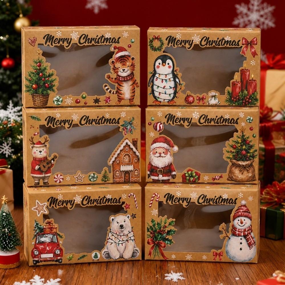 6pcs/Set Foldable Kraft Paper Boxes PVC Window Gift Packaging Boxes Christmas Season