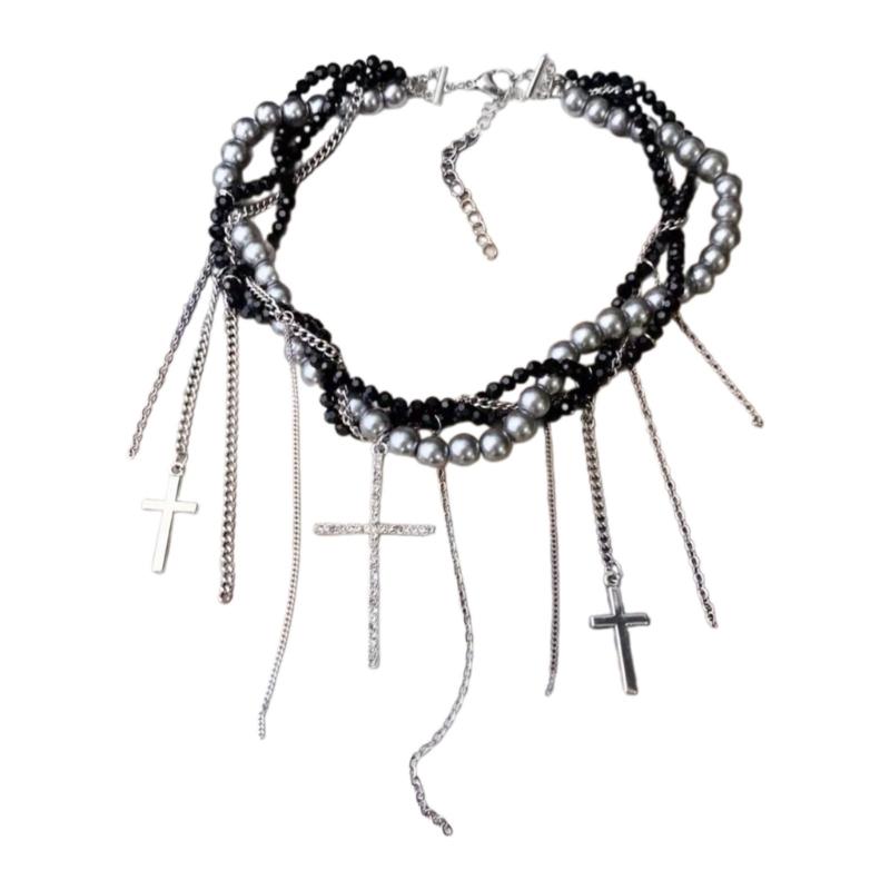 

Elegant Faux Pearls Chain Necklace with Tassels Crucifix Pendant Neckchain for Fashionable Women Stylish Clavicle Chain