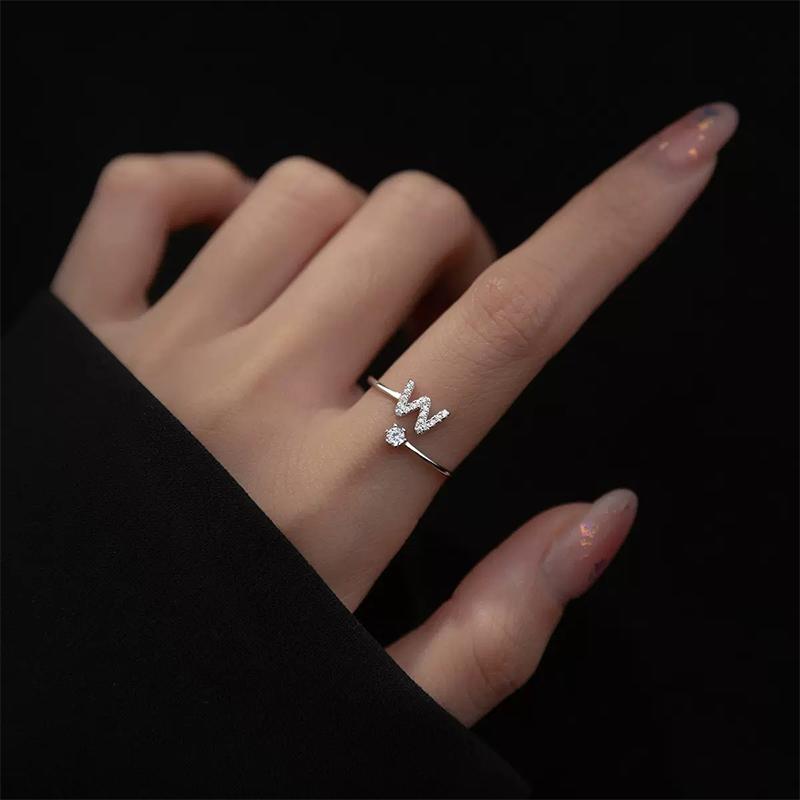 Fashion 925 Silver 26 Letter Ring Sparkling Diamond Zircon Open Ring Index Finger Your Ring Birthday Party Jewelry