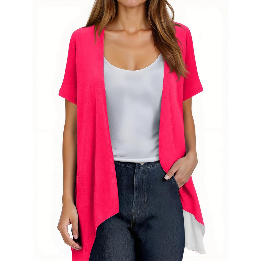 Women's Fashion Solid Color Irregular Hem Short Sleeve Cardigan Pocket Jacket