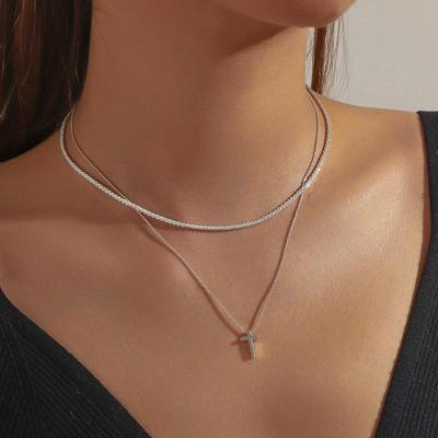 European & American Silver Double Layer Bead Cross Necklace - Minimalist Luxury Jewelry